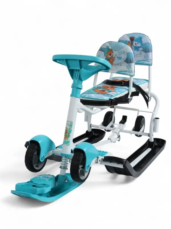 Снегокат «Тимка спорт 6Д» с забавными медвежатами, с двумя спинками, с родительской ручкой, бирюзовый, ТС6Д/ЗМ Nika