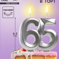 Свеча в торт юбилейная &laquo;Грань&raquo;, цифра 65, серебряный металлик, 6.5 см