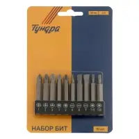 Набор бит ТУНДРА, сталь CrV, PH, PZ, SL, Torx &times; 50 мм, 10 шт.