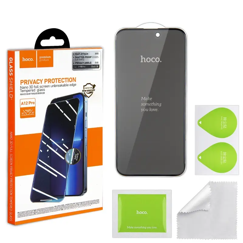 Защитное стекло для iPhone 15 Pro 3D Black (A12 Pro) HOCO Privace усиленые края