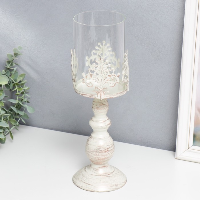 Подсвечник металл на 1 свечу "Витиеватый цветок" белый с патиной 31,5х13,5х13,5 см