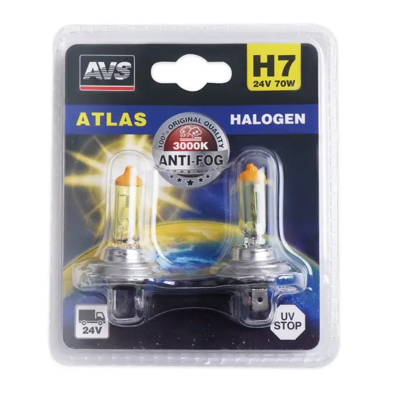 Галогенная лампа AVS /ATLAS ANTI-FOG/желтый H7. 24V.70W.блистер 2шт.