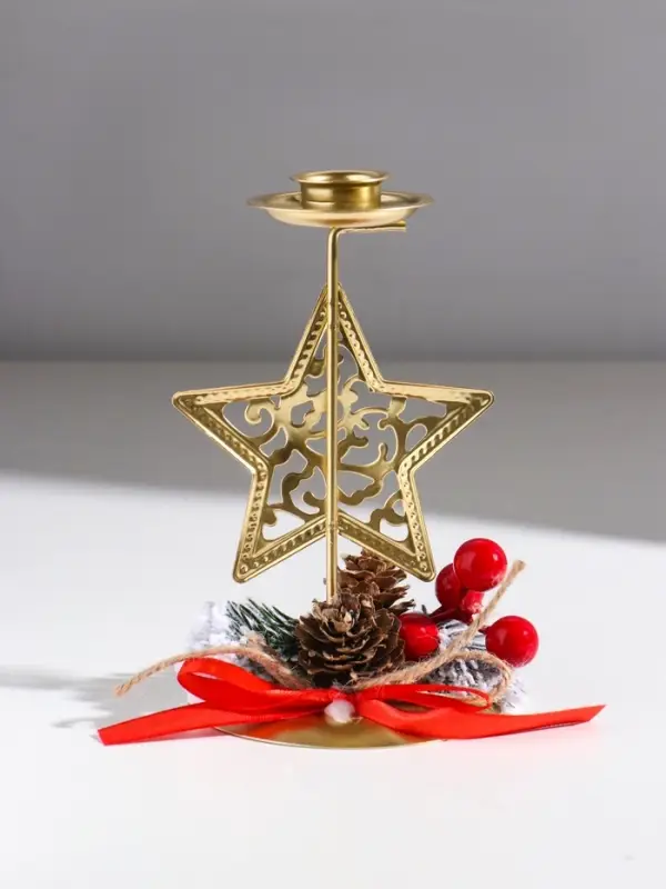 Подсвечник металл на 1 свечу  Подсвечник металл на 1 свечу "Ажурная звезда с новогодним декором" золото d=2 см 9х9х15,5 см   10874