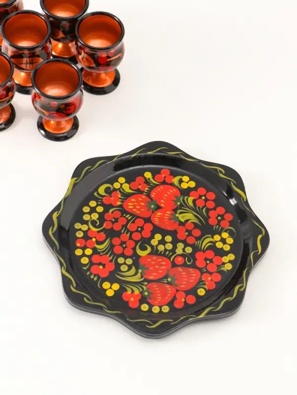 Подарочный набор: 6 шт. 30 мл рюмок на подносе, дерево хохлома