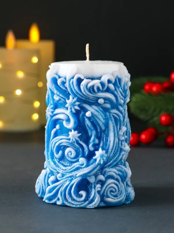 Свеча новогодняя столбик  Свеча новогодняя столбик "Резная" синий