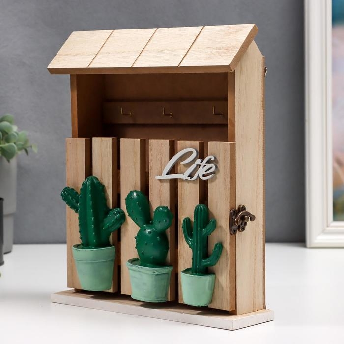 Ключница дерево 6 крючков Ключница дерево 6 крючков "Кактусы в горшочках. Home" 26,8х21,7х6 см