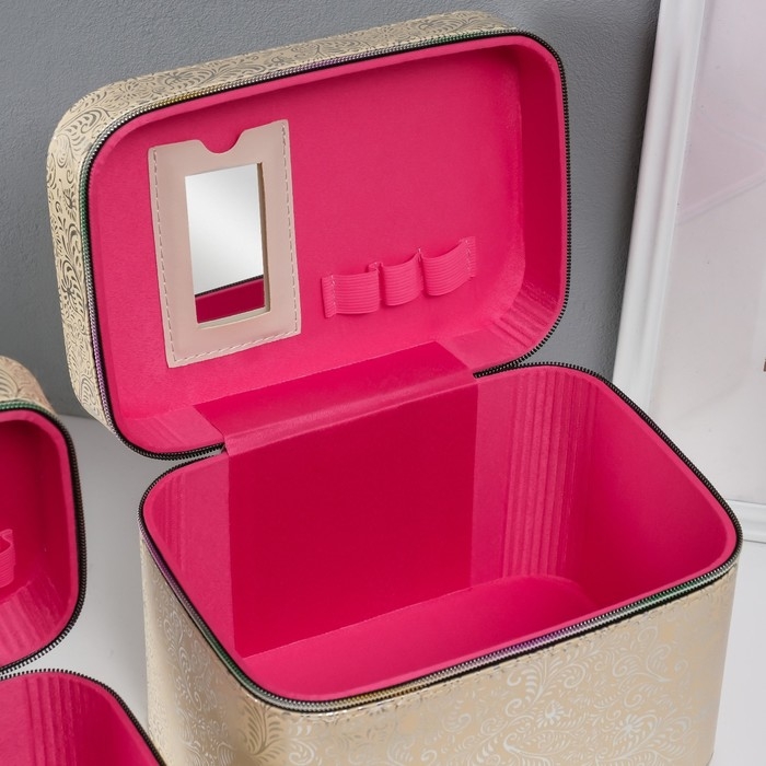 Шкатулка кожзам с зеркалом Шкатулка кожзам с зеркалом "Узоры, бабочки" беж н-р 3 шт 19х10,5х10,5 21х13х14 15х23х17см