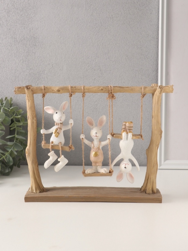 Сувенир полистоун Сувенир полистоун "Зайчата - три друга на качелях" белый с золотом 26х5,5х20 см