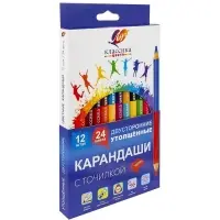 Карандаши 24цв, 12 шт, двусторон, Луч, дерево, заточ, трехгр, толстые, с точил, коробка, европодвес