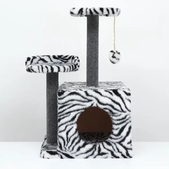 Домик для кошек с когтеточкой, 35&times;45&times;75 см, квадратный, 3х-этажный, ковролин, белый, чёрный