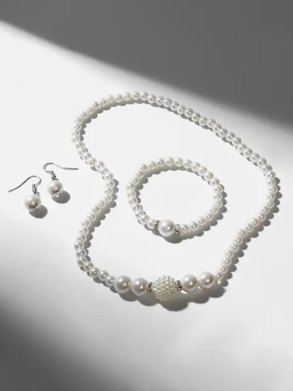 Набор 3 предмета: серьги, колье, браслет &laquo;Жемчуг&raquo;, элегантный, белый в серебре