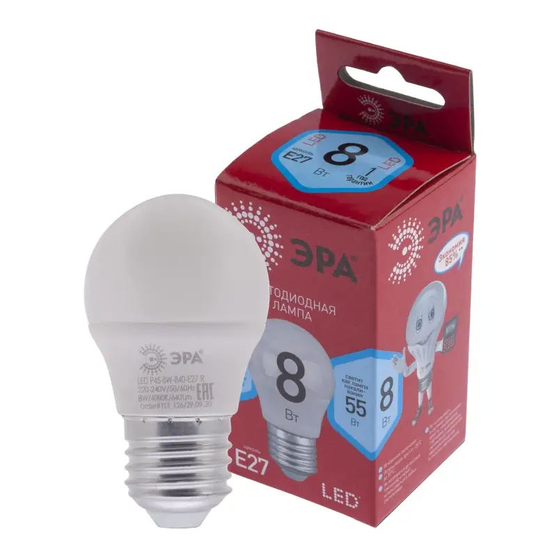 Лампа светодиодная LED 8 Вт 640Лм 4000К шар нейтральный E27 220-240В LED P45-8W-840-E27 Red Line