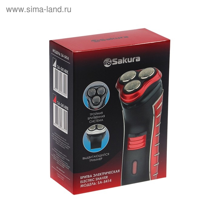 Электробритва Sakura SA-5414BK, АКБ, сеточная, 3 плавающие головки, триммер, чёрная Электробритва Sakura SA-5414BK, АКБ, сеточная, 3 плавающие головки, триммер, чёрная