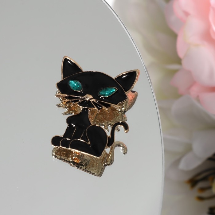 Брошь «Кошечка» хитрая, цвет черно-зеленый в золоте