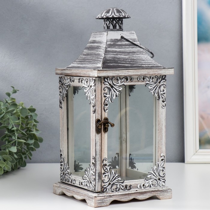 Подсвечник дерево "Фонарь узоры в уголках" состаренный н-р 2 шт 34,5х15,5х15,5 53х25х25 см