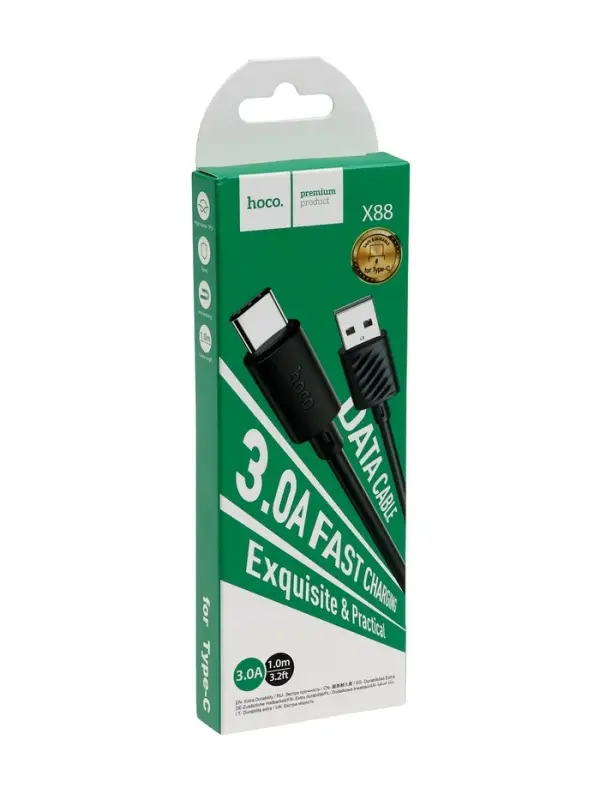 Кабель Hoco X88, Type-C - USB, 3 А, 1 м, передача данных, ПВХ, чёрный