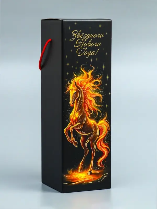 Подарочная новогодняя коробка под шампанское «Огненная» с веревочной ручкой 11×11×37 см Подарочная новогодняя коробка под шампанское «Огненная» с веревочной ручкой 11×11×37 см
