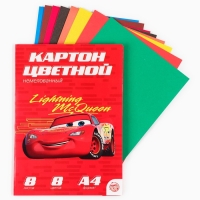 Картон цветной, А4, 8 листов, 8 цветов, немелованный, односторонний, в папке, 220 г/м², Тачки