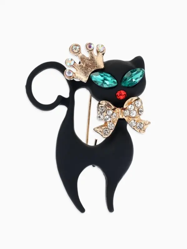 Брошь &laquo;Кошка грация&raquo;, в короне, матовая, чёрная в золоте