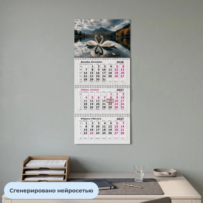 Календарь настенный 3-х блочный 2027 Attache Премиум Лебеди 330х705мм