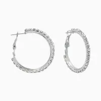 Серьги-кольца со стразами d=3.5 см, белые в серебре