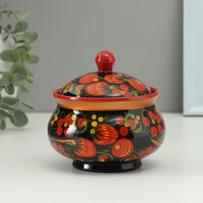 Сахарница дерево хохлома &laquo;Ягодки&raquo;, 9&times;9 см