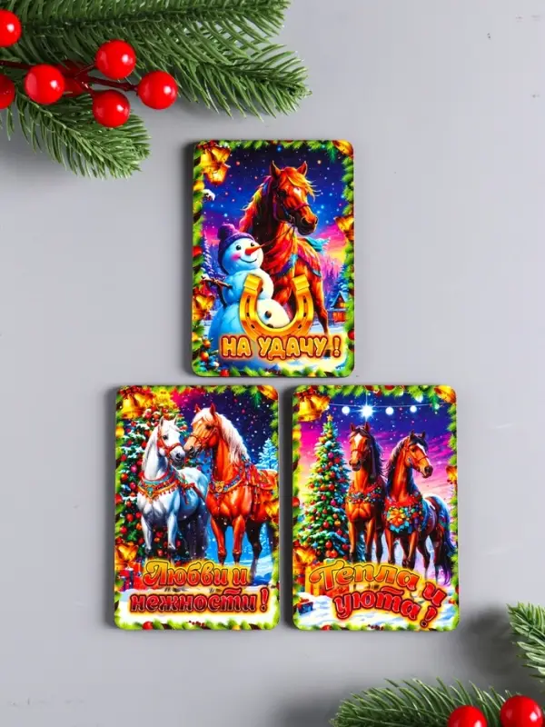 Набор новогодних магнитов 3 шт "На удачу, тепла и уюта, любви и нежности" 9,5х6,5 см