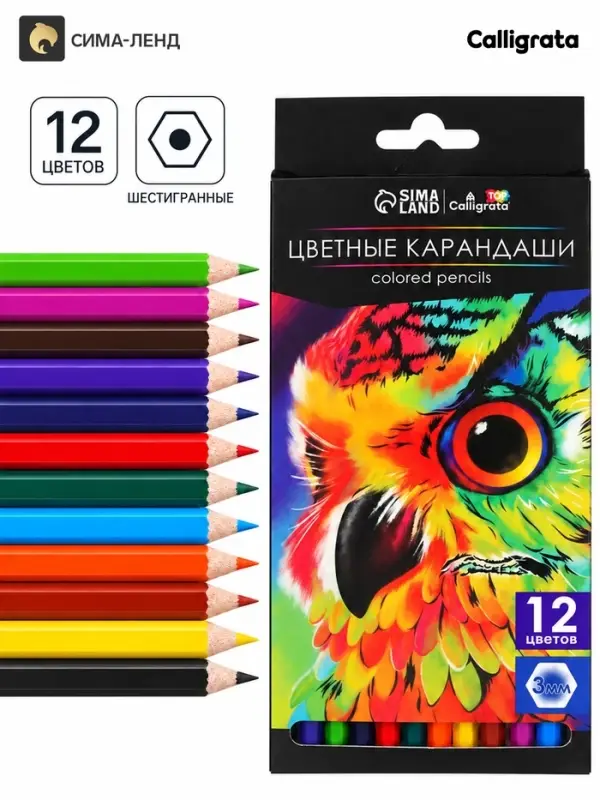 Карандаши цветные, 12 цветов, Calligrata TOP, шестигранные, пластиковые