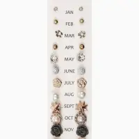 Серьги пусеты 12 пар One year, романтика, бело-серые в золоте