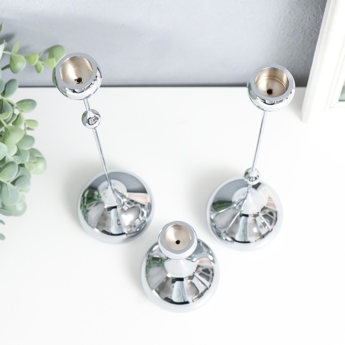 Подсвечник металл "Капля" набор 3 шт серебро 8,5х8,5х15;8,5х8,5х32 см