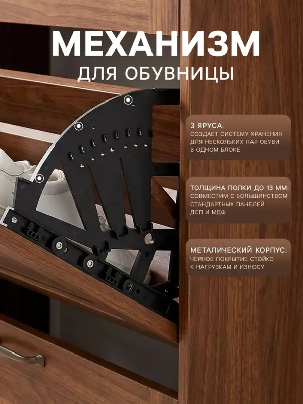 Механизм для обувницы полок CAPPIO, 3-х ярусная, до 13 мм, пластик, черный