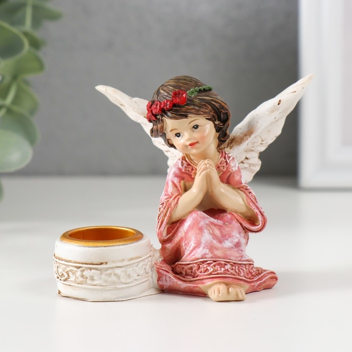 Подсвечник полистоун на 1 свечу "Ангел в платье с венком" d-2,2 см МИКС 7,2х8,7х5,5 см