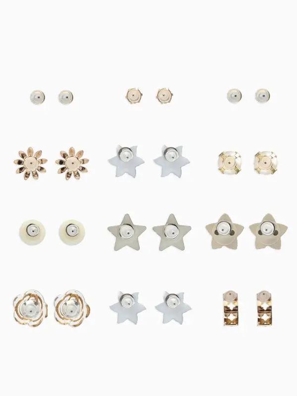 Серьги пусеты 12 пар &laquo;Фантазия&raquo; цветы и звёзды, белые в золоте