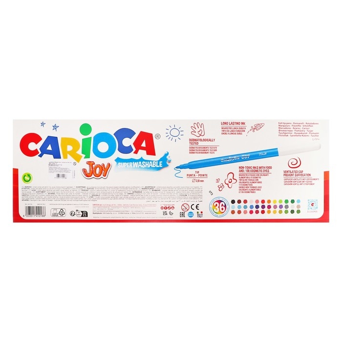 Фломастеры 36 цветов 50 штук, Carioca  Фломастеры 36 цветов 50 штук, Carioca "Joy", тонкий наконечник, стойкие, легко смываемые и нетоксичные чернила, картонный пенал