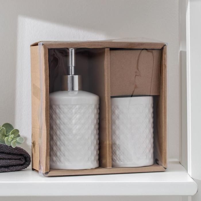 Набор аксессуаров для ванной комнаты «Бусы», 2 предмета (дозатор для мыла, стакан), цвет белый Набор аксессуаров для ванной комнаты «Бусы», 2 предмета (дозатор для мыла, стакан), цвет белый