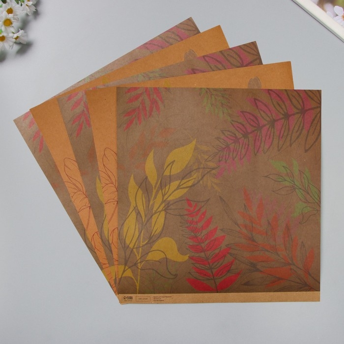 Бумага для скрапбукинга двусторонняя Бумага для скрапбукинга двусторонняя "Цветы и листья крафт" плотность 180 гр набор 5 шт 30,5х32 см