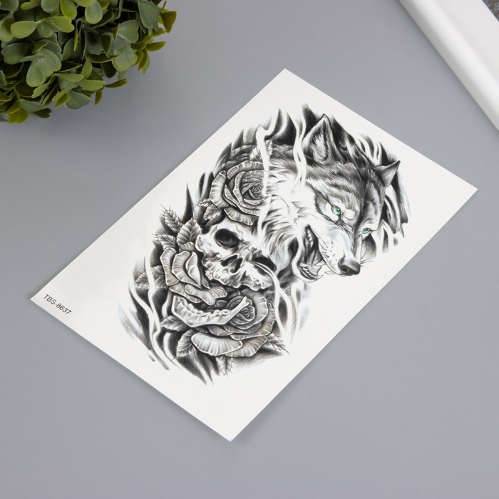 Татуировка на тело чёрная Татуировка на тело чёрная "Волк с черепом" 12х19 см