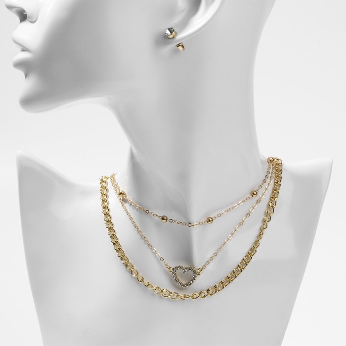 Набор: 3 колье, 3 пары пусет «Эстетика» сердце, цвет белый в золоте, 32 см Набор: 3 колье, 3 пары пусет «Эстетика» сердце, цвет белый в золоте, 32 см