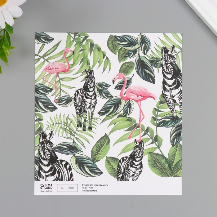 Бумага для скрапбукинга двусторонняя Бумага для скрапбукинга двусторонняя "Попугаи, фламинго и зебры" плотность 180 гр набор 10 шт 15,5х1