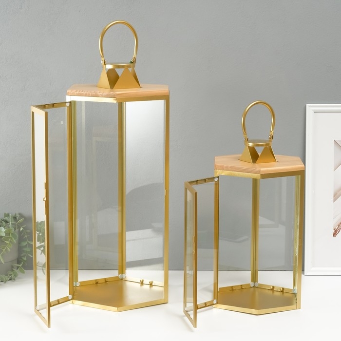 Подсвечник металл, дерево, фонарь Подсвечник металл, дерево, фонарь"Шесть граней" набор 2 шт 22,5х19,5х38; 22,5х26х55 см