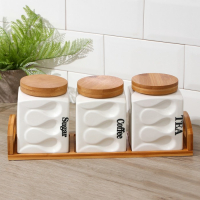 Банки для хранения сыпучих продуктов на деревянной подставке «Эстет. Волны», 3 предмета: 900 мл, 12×14,5 см, керамические, цвет белый Банки для хранения сыпучих продуктов на деревянной подставке «Эстет. Волны», 3 предмета: 900 мл, 12×14,5 см, керамические, цвет белый