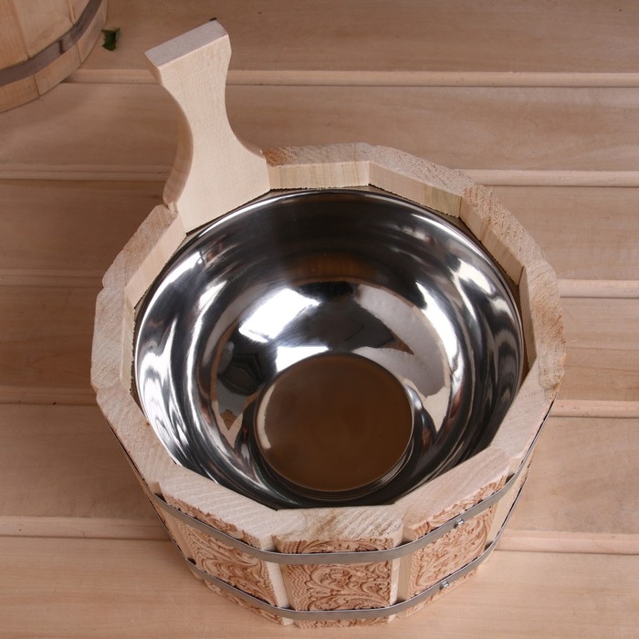 Шайка- ушат, бадья из липы, 3 л, нержавеющая вставка, Шайка- ушат, бадья из липы, 3 л, нержавеющая вставка, "Русский узор"