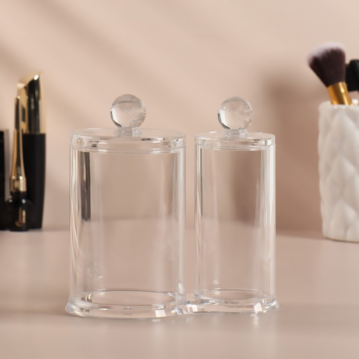 Органайзер для хранения ватных палочек и дисков, с крышкой, 2 секции, 12,5 × 7,3 × 13,5 см, в картонной коробке, цвет прозрачный