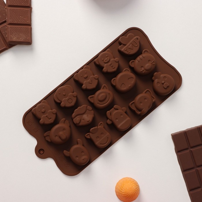 Форма для конфет и шоколада Доляна «Животные. Любовь», силикон, 20,6×10,5×1,4 см, 15 ячеек, цвет коричневый Форма для конфет и шоколада Доляна «Животные. Любовь», силикон, 20,6×10,5×1,4 см, 15 ячеек, цвет коричневый