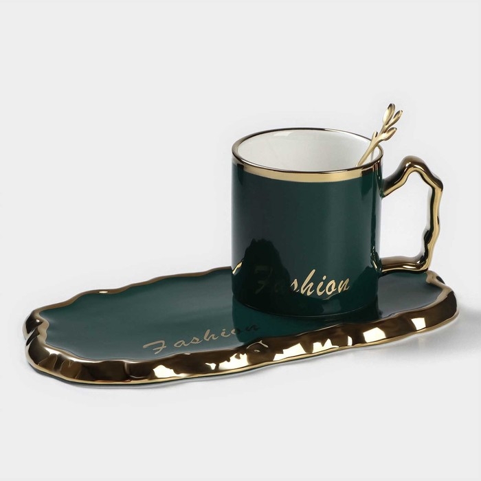 Чайная пара керамическая «Роскошь», 3 предмета: кружка 250 мл, блюдце 23,5×13 см, ложка, цвет зелёный Чайная пара керамическая «Роскошь», 3 предмета: кружка 250 мл, блюдце 23,5×13 см, ложка, цвет зелёный