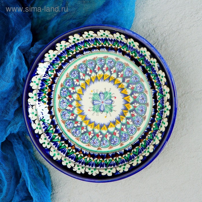 Тарелка Риштанская Керамика Тарелка Риштанская Керамика "Узоры", синяя, глубокая, 20 см