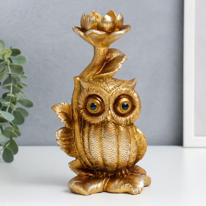 Подсвечник полистоун подставка  Подсвечник полистоун подставка "Филин Генрих пучеглазый с цветком" бронза 21х8,5х12 см
