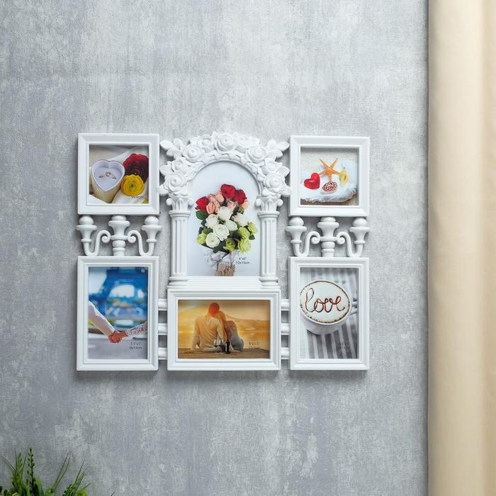 Фоторамка пластик на 6 фото 9х9, 9х13, 10х15 см  Фоторамка пластик на 6 фото 9х9, 9х13, 10х15 см "Цветочная арка" белая 29х35 см