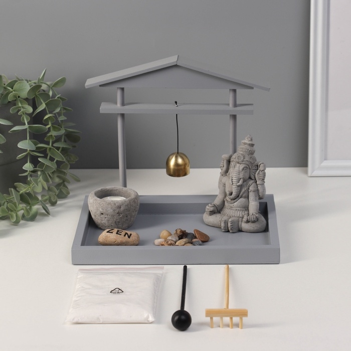 Сад Дзен  Сад Дзен "Ганеша у храма" серый, песок+камни+аромапалочка+колокол 16х22х18,5 см