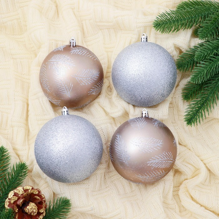 Набор шаров пластик d-10 см, 4 шт Набор шаров пластик d-10 см, 4 шт "Зимняя листва" серебро золото